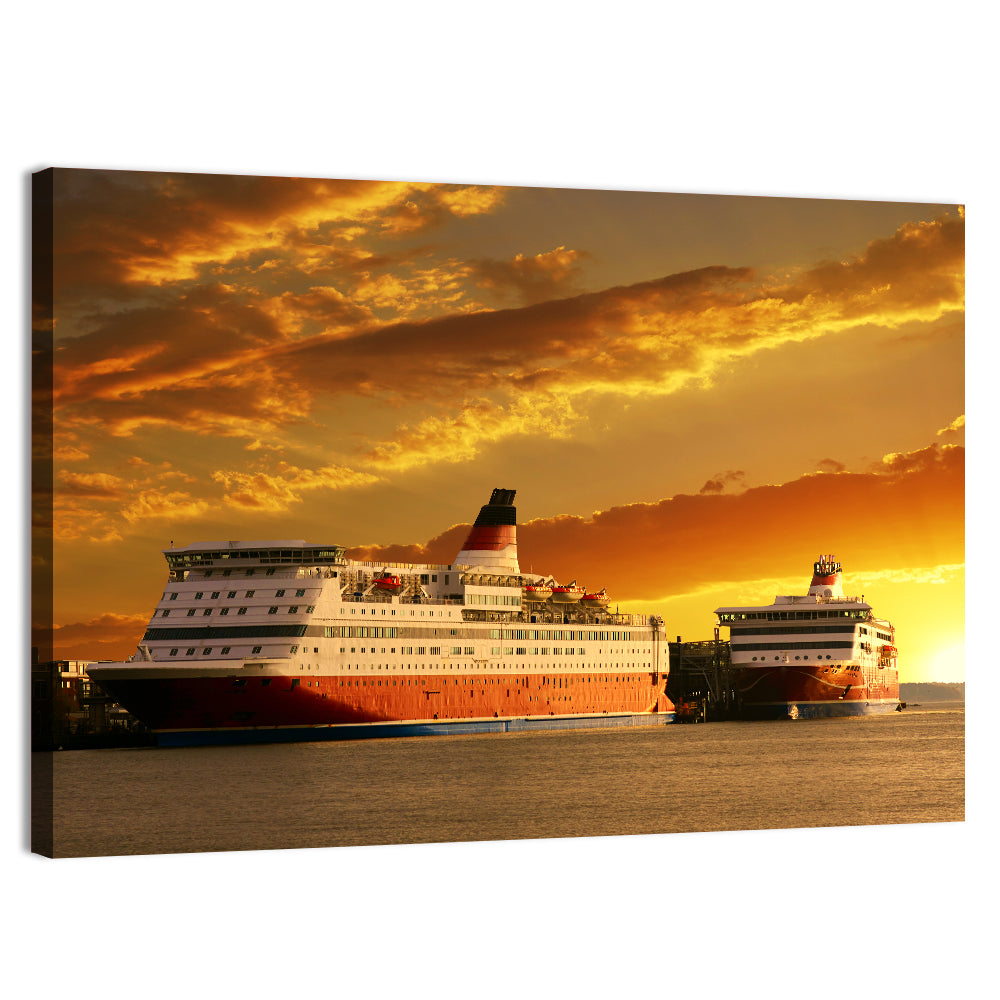 Red-hulled Cruise Ships at Dusk Wall Art, canvas print, landscape