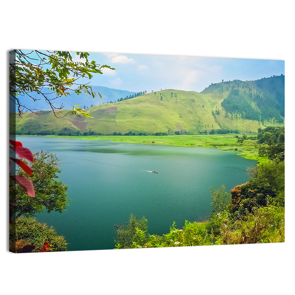 Lake Toba Boat and Hills Wall Art, canvas print, landscape