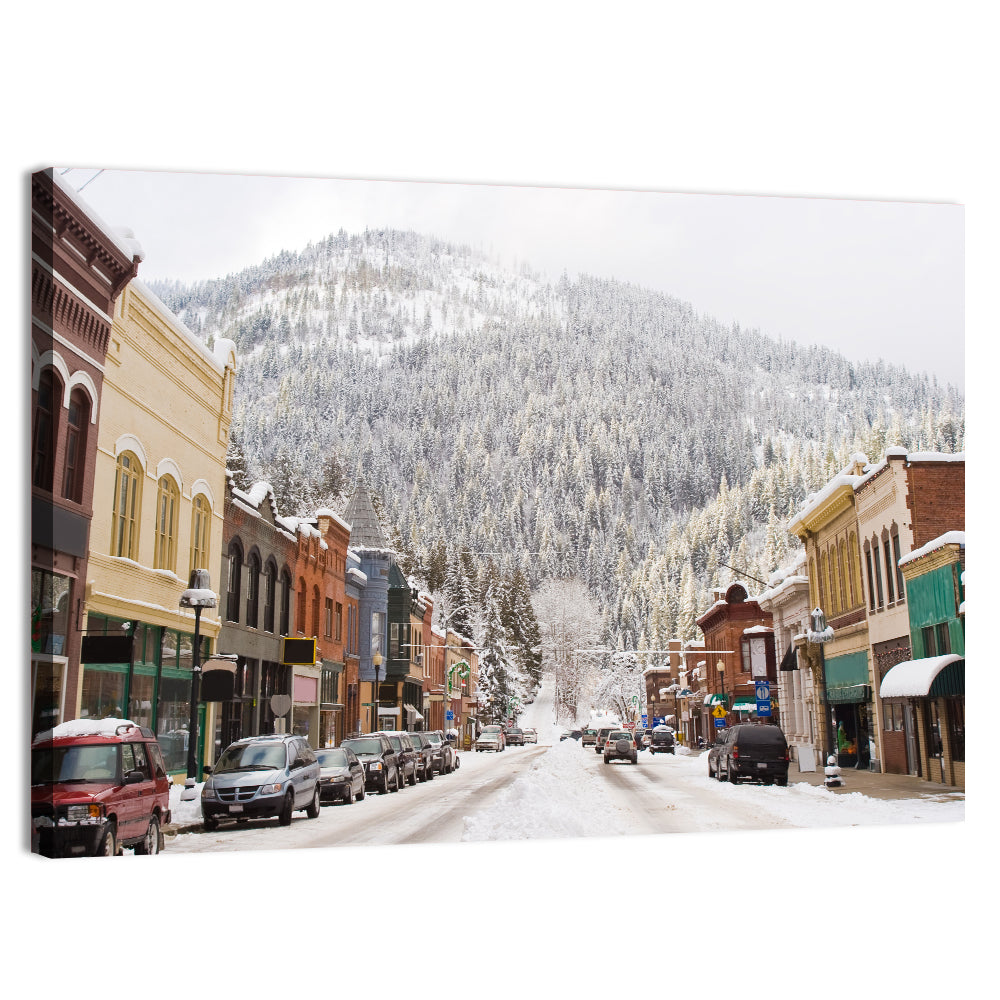 Snow Covered Mountain Main Street Wall Art, canvas print, landscape