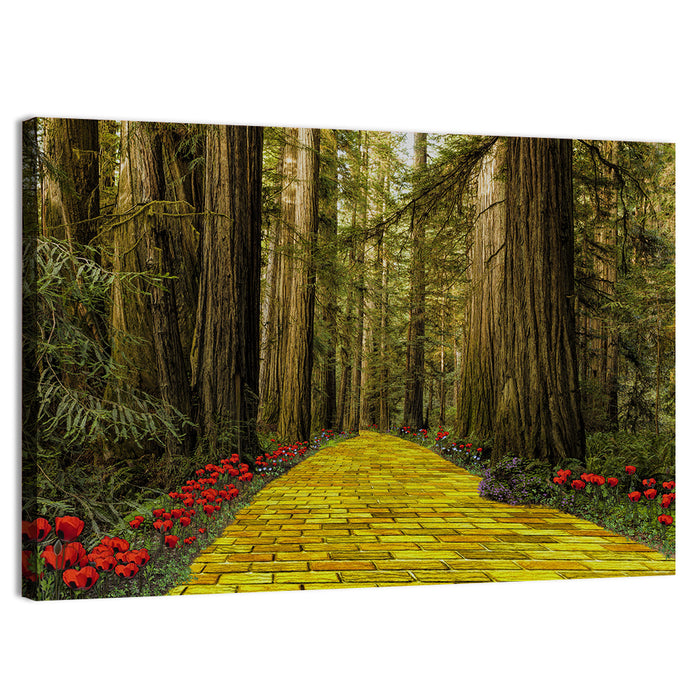 Yellow Brick Path Through Redwoods Wall Art as a canvas print