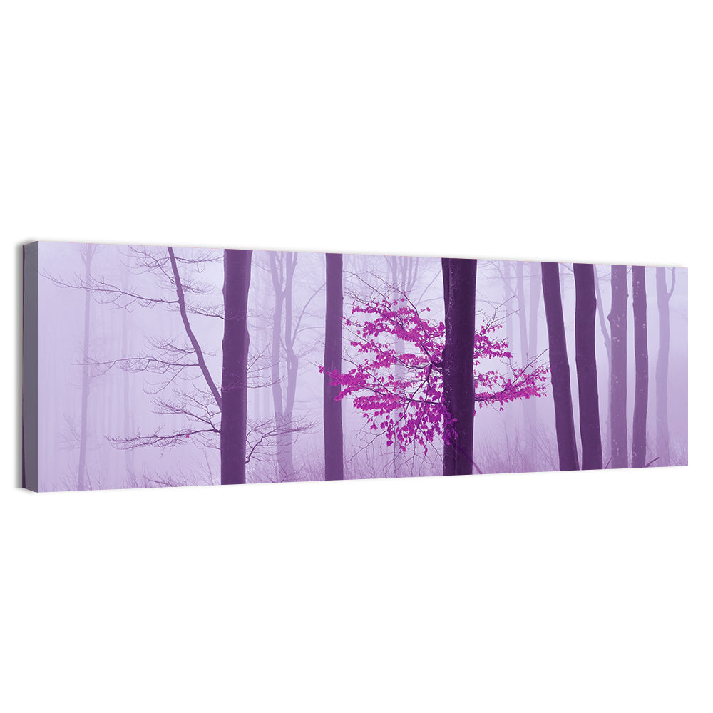 Magenta Tree in Foggy Forest Wall Art, canvas print, panoramic