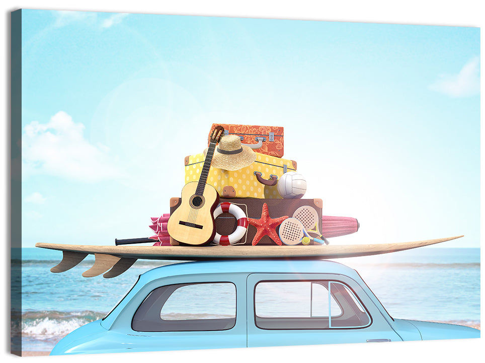 Vintage Car with Surfboard Wall Art, canvas print, landscape