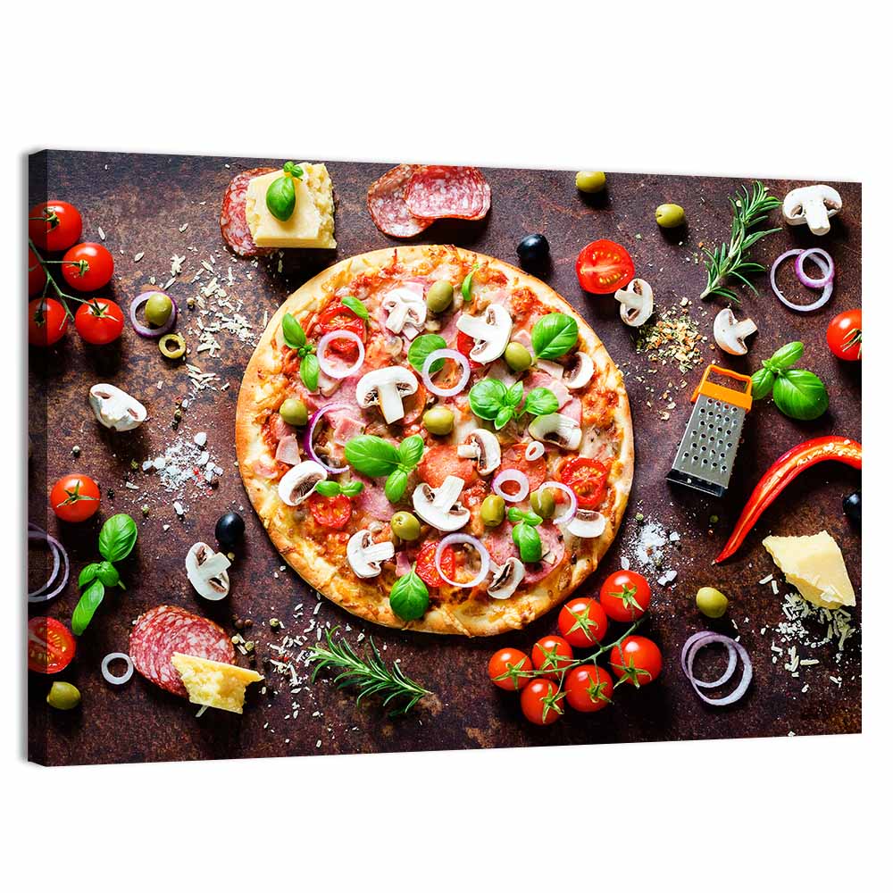 Rustic Italian Pizza Flat Lay Wall Art, canvas print, landscape