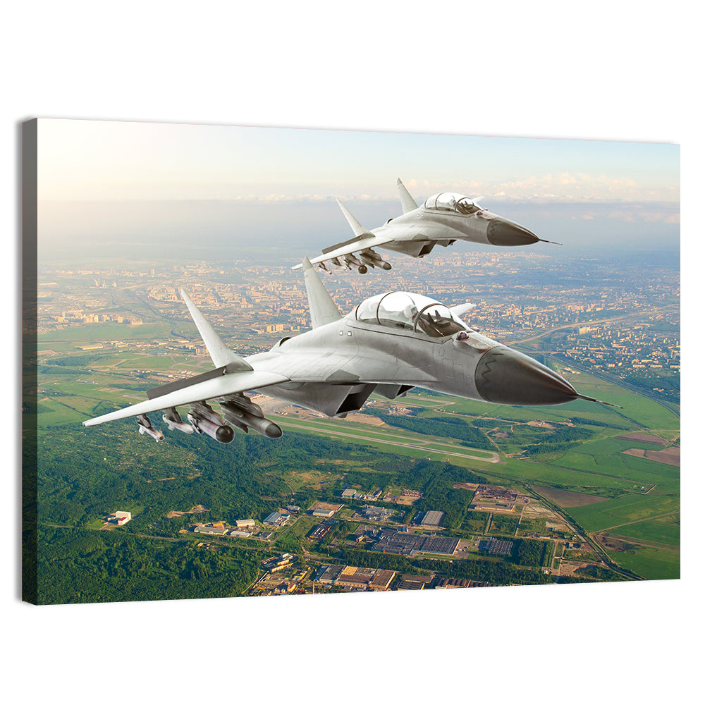 Twin Fighter Jets Over Cityscape Wall Art, canvas print, landscape