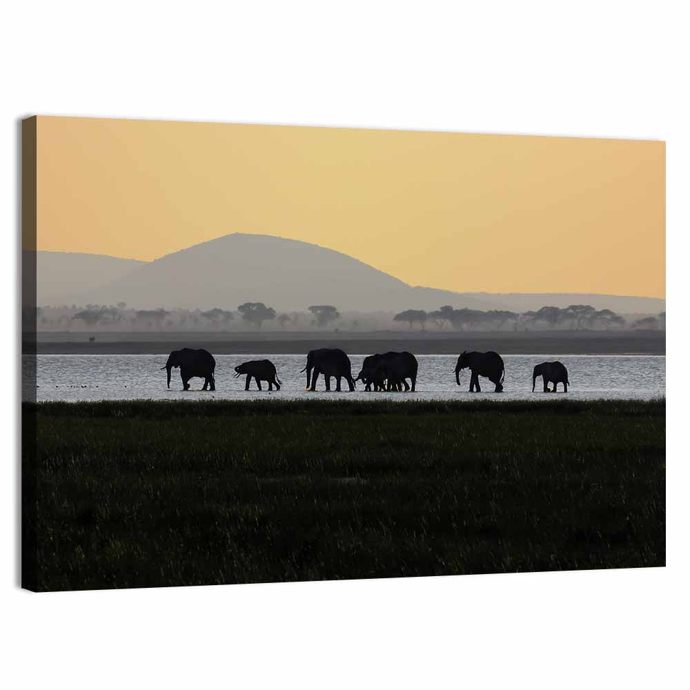 Amboseli Elephants at Golden Sunset Wall Art, canvas print, landscape