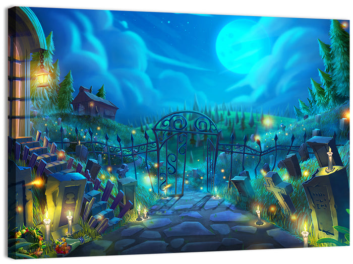 Halloween Cemetery Gate Illustration Wall Art as a canvas print