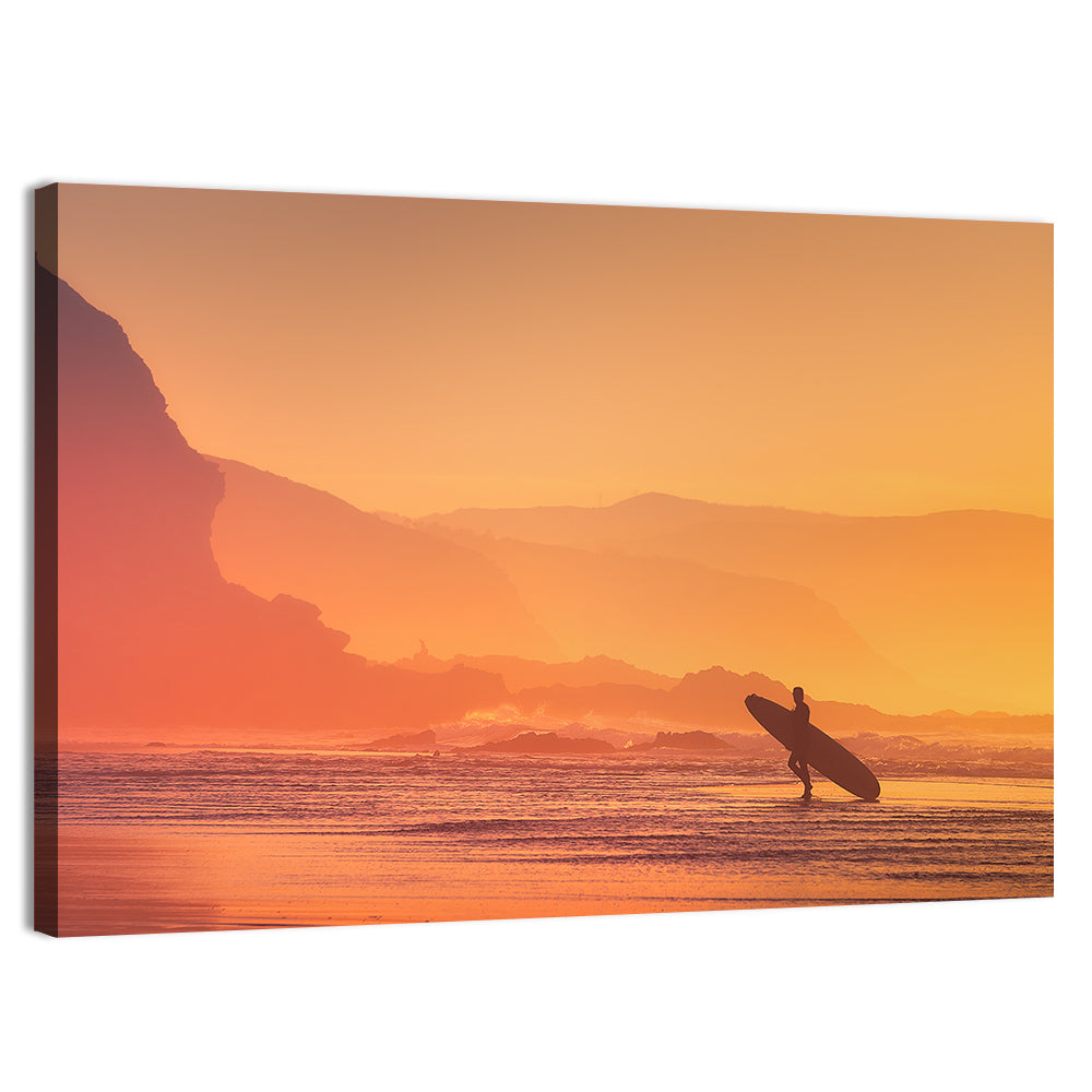Surfer Silhouette at Golden Sunset Wall Art, canvas print, landscape