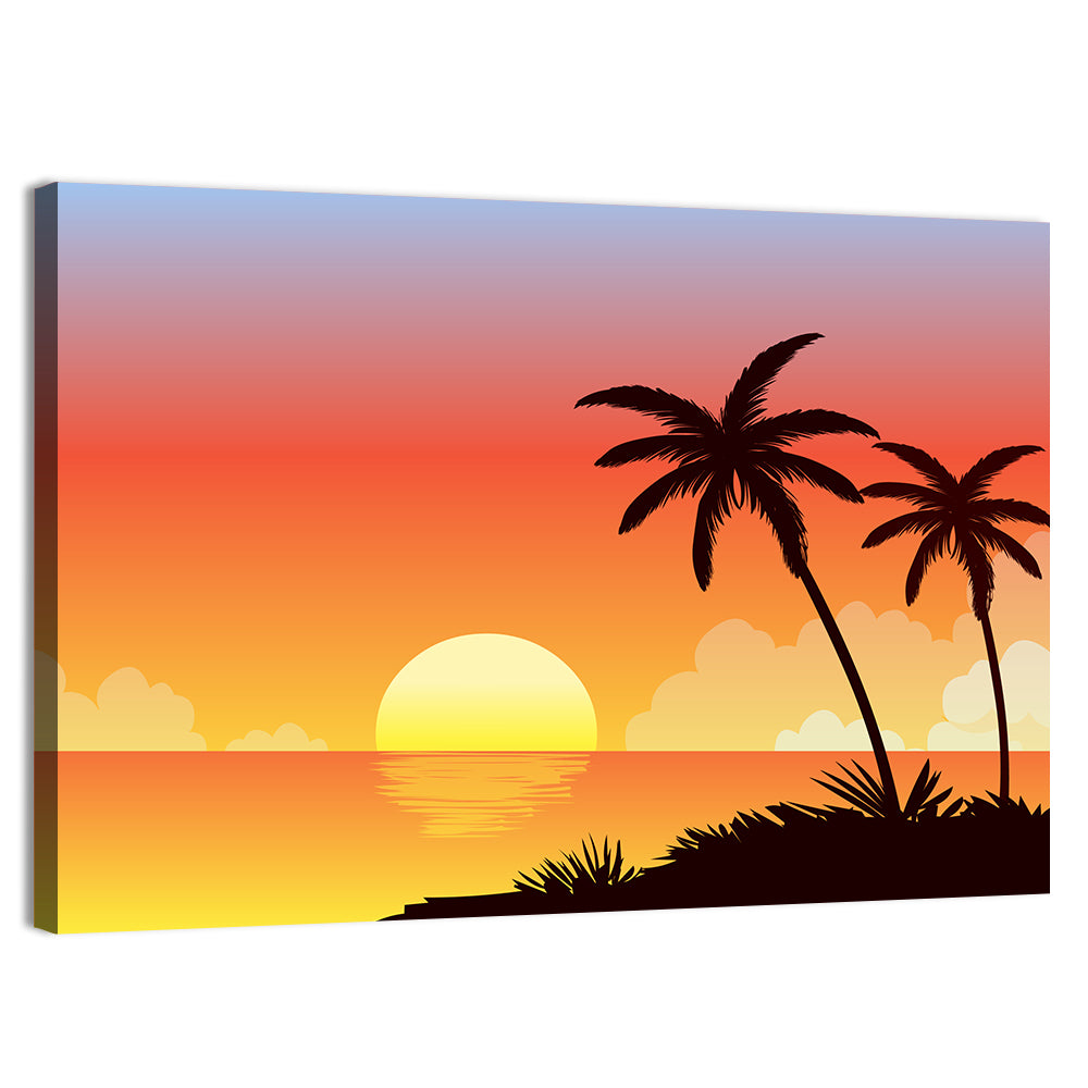 Tropical Beach Sunset Illustration Wall Art, canvas print, landscape
