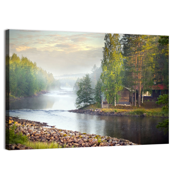 Misty River with Red Roof Cabin Wall Art as a canvas print