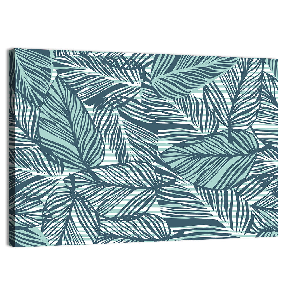 Striped Blue Palm Leaves Pattern Wall Art, canvas print, landscape