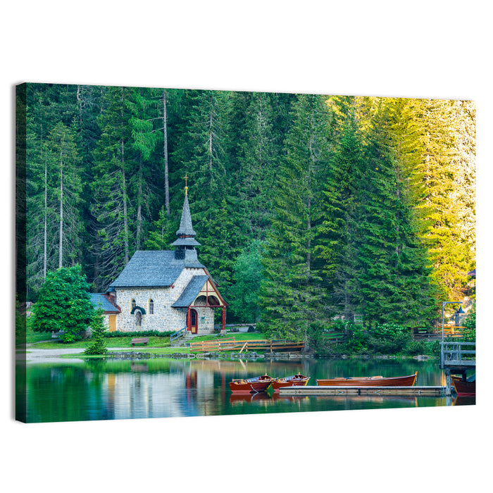 Lago Di Braies Chapel Reflection Wall Art as a canvas print