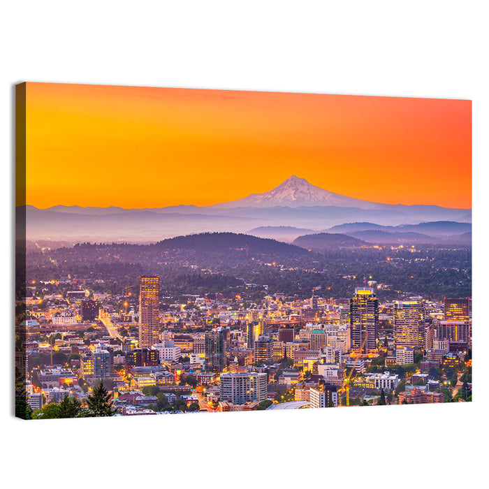 Mount Hood Over Portland Skyline Wall Art as a canvas print