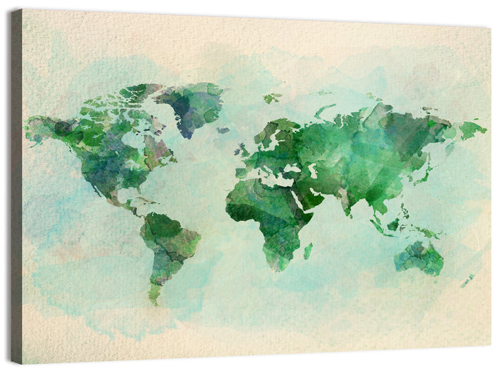 Green Watercolor World Map Wall Art as a canvas print