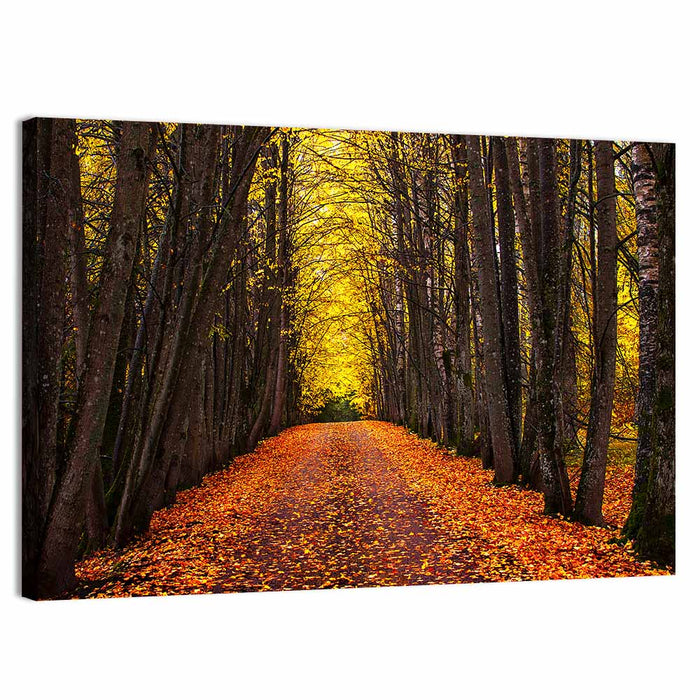 Autumn Park Path Under Yellow Canopy Wall Art as a canvas print