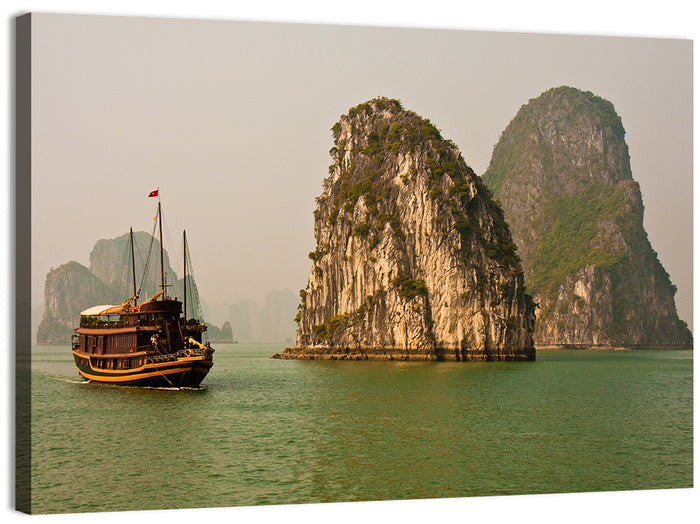 Ha Long Bay Junk Boat and Karst Cliffs Wall Art as a canvas print