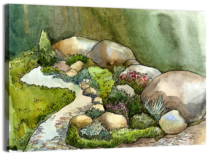 Watercolor Rock Garden Stream Wall Art as a canvas print