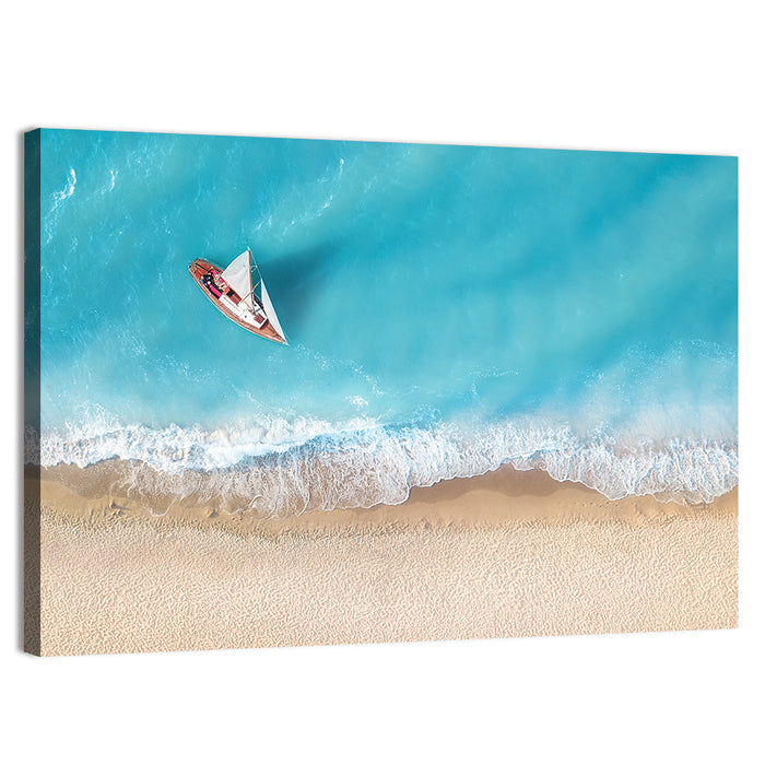 Centered Sailboat Over Turquoise Sea Wall Art as a canvas print