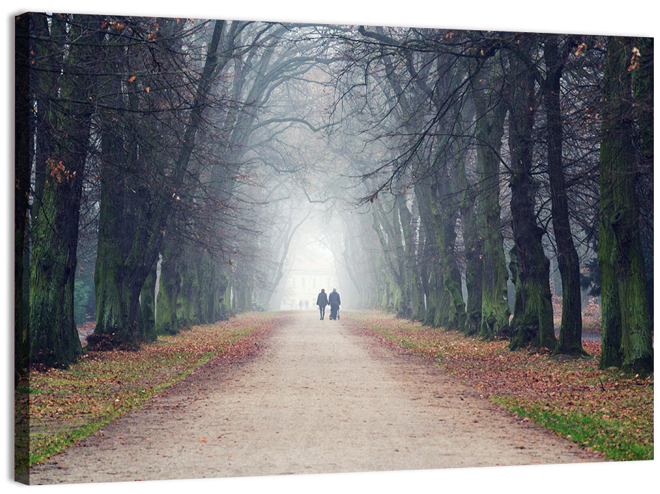 Foggy Tree Lined Walkway in Autumn Wall Art, canvas print, landscape