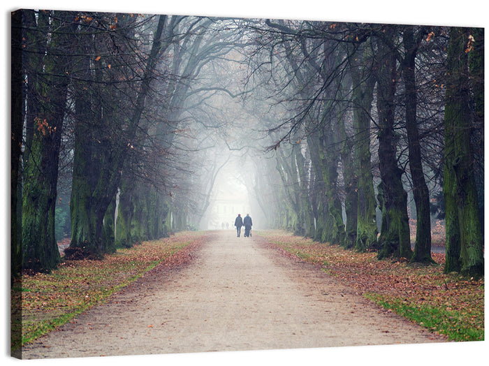 Foggy Tree Lined Walkway in Autumn Wall Art as a canvas print