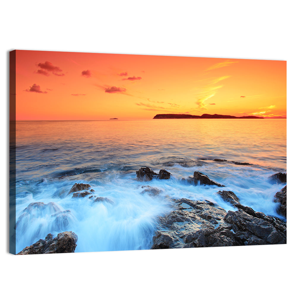 Dubrovnik Sunset Over Rocky Shore Wall Art, canvas print, landscape