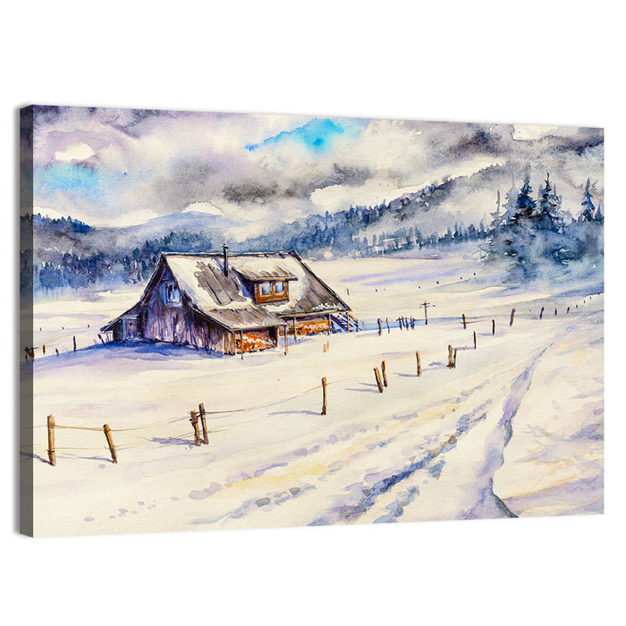 Snowy Mountain Cabin Landscape Wall Art as a canvas print