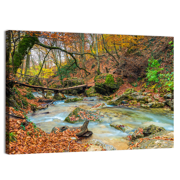 Mossy Footbridge in Autumn Forest Wall Art as a canvas print