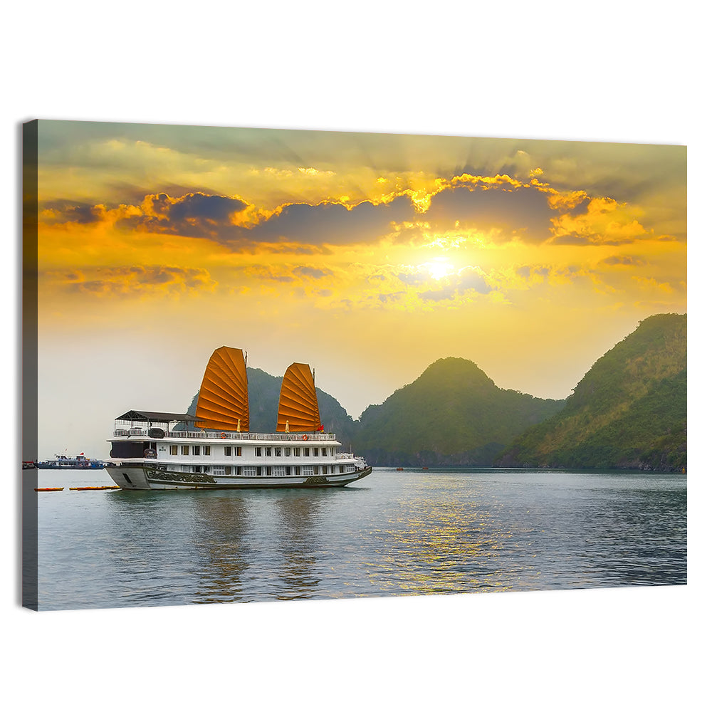 Ha Long Bay Sunset with Orange Sails Wall Art, canvas print, landscape
