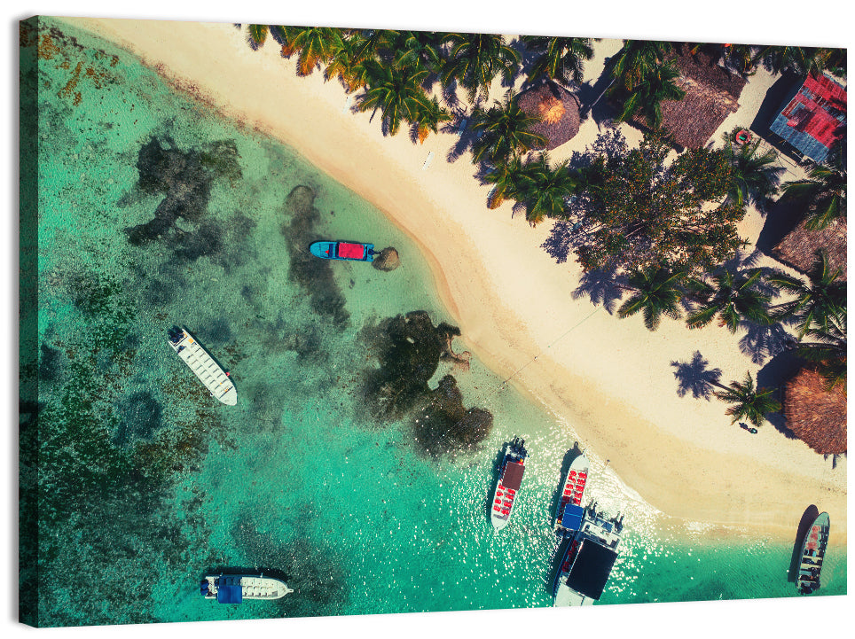 Aerial Tropical Shoreline with Six Boats Wall Art, canvas print, landscape