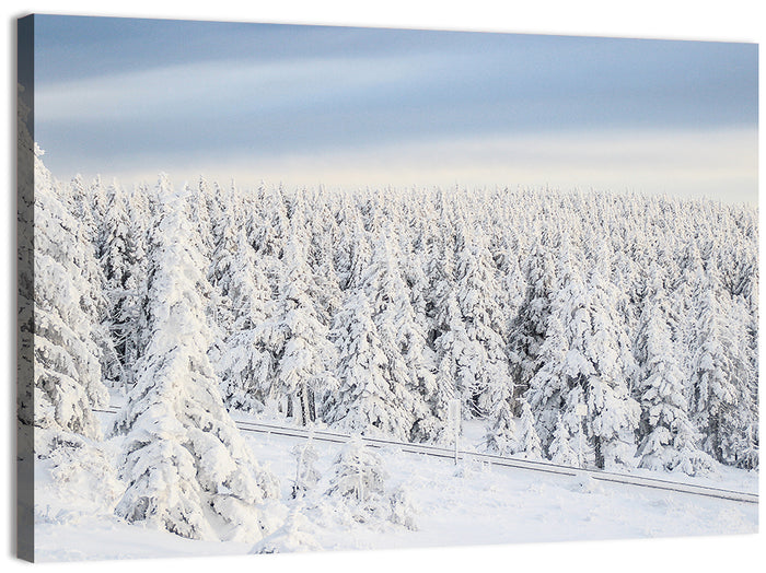 Snowy Forest Railway Tracks Wall Art as a canvas print