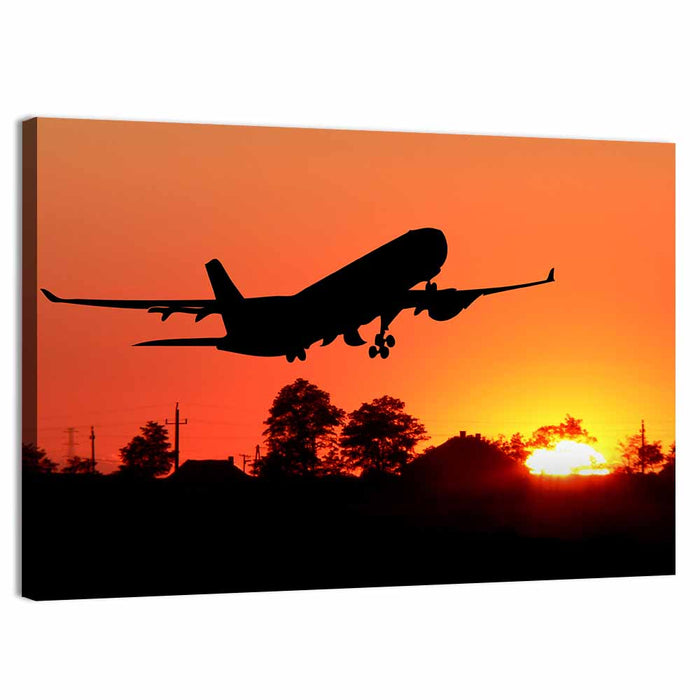 Airplane Taking Off at Sunset Wall Art as a canvas print