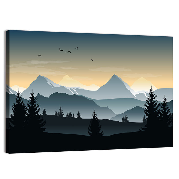 Misty Hills Sunset Silhouette Wall Art as a canvas print
