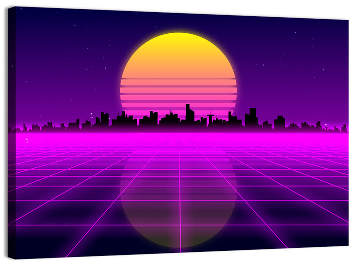 Neon Sunrise Skyline Wall Art as a canvas print