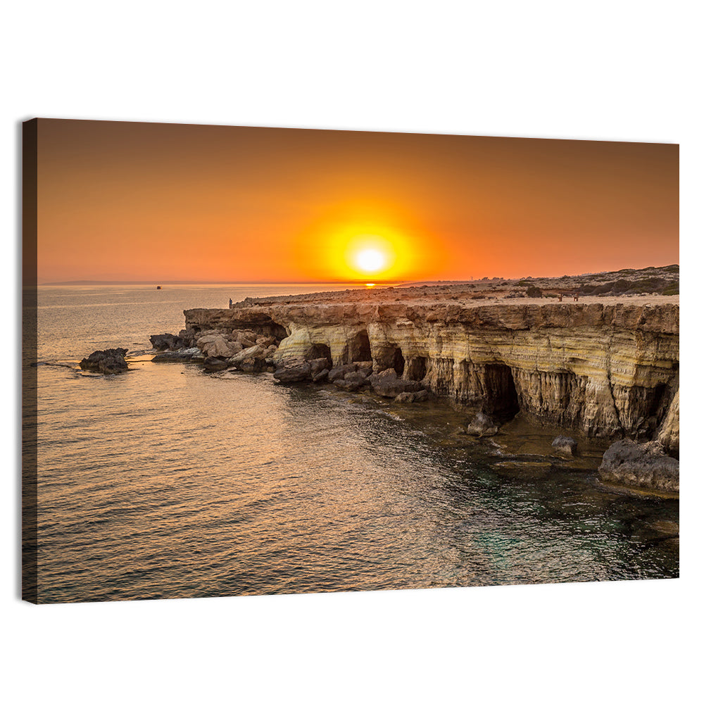 Sunset Over Sea Caves Wall Art, canvas print, landscape