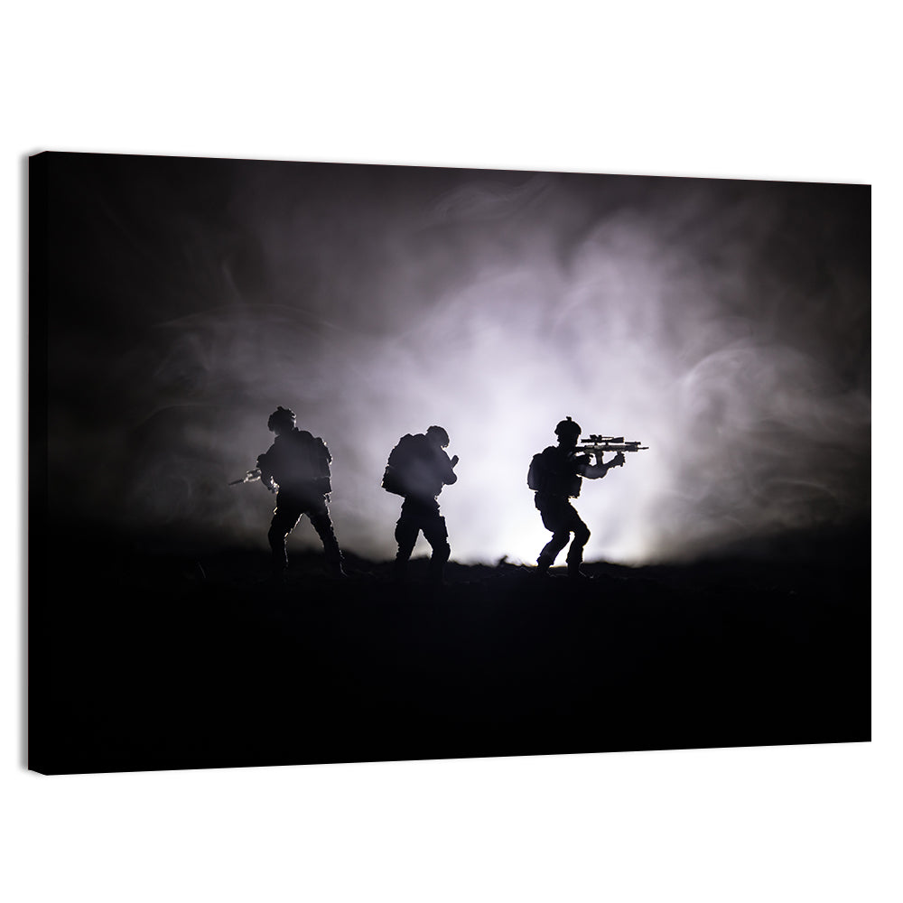 Three Soldiers Silhouette in Fog Wall Art, canvas print, landscape