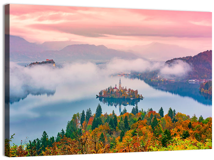Misty Morning Over Lake Bled Wall Art as a canvas print