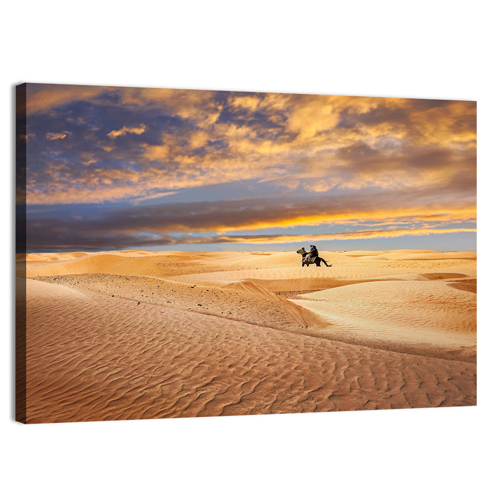 Sahara Camel Rider at Sunset Wall Art, canvas print, landscape