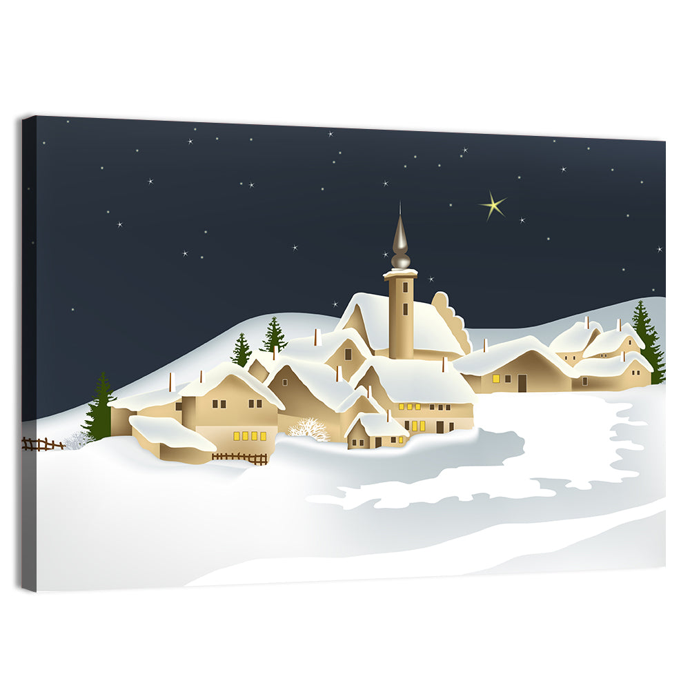 Winter Village Night Illustration Wall Art, canvas print, landscape