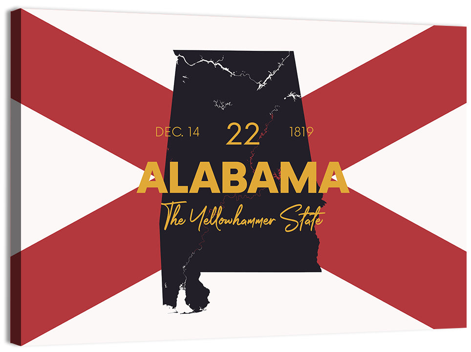 Alabama Map Over State Flag Wall Art, canvas print, landscape
