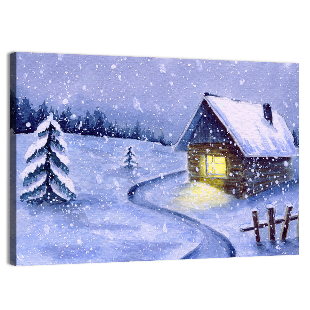 Snowy Log Cabin Night Wall Art, canvas print, landscape