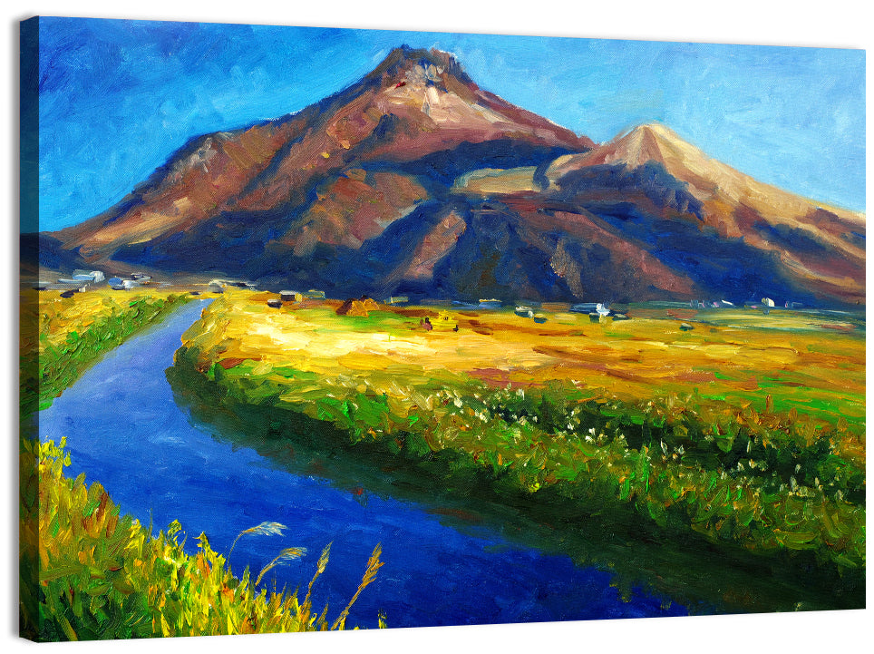 Mountain Village Stream at Golden Hour Wall Art, canvas print, landscape