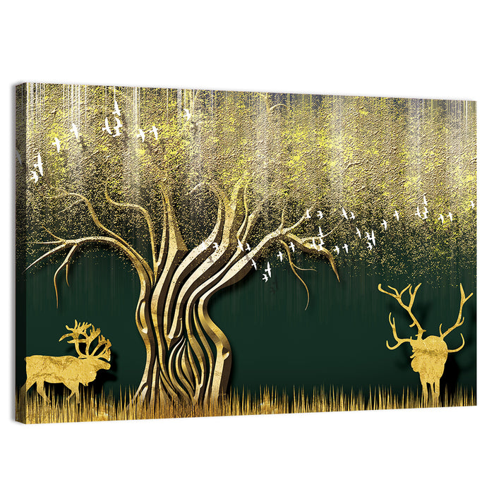 Golden Deer and Tree Illustration Wall Art as a canvas print
