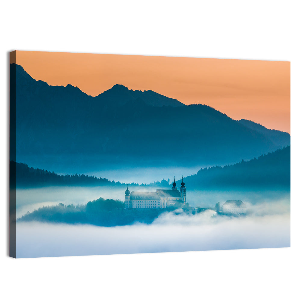 Benediktbeuern Abbey in Morning Fog Wall Art, canvas print, landscape