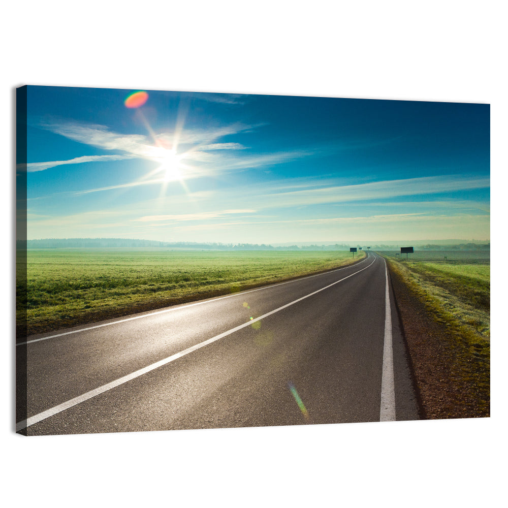 Sunlit Road Through Green Field Wall Art, canvas print, landscape