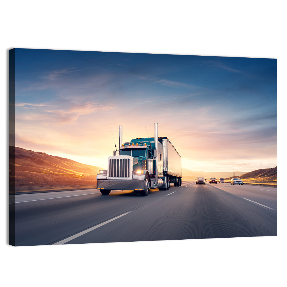 Semi Truck Highway Sunset Wall Art, canvas print, landscape