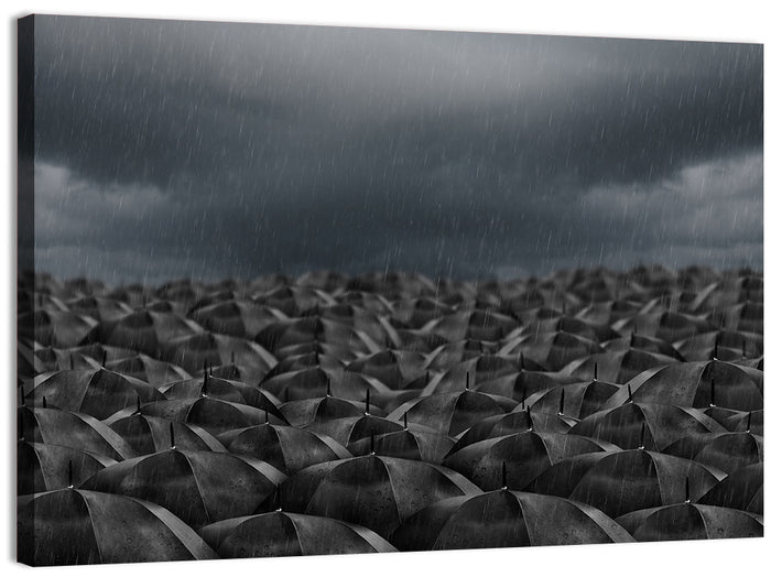 Clustered Umbrellas in Rain Wall Art as a canvas print