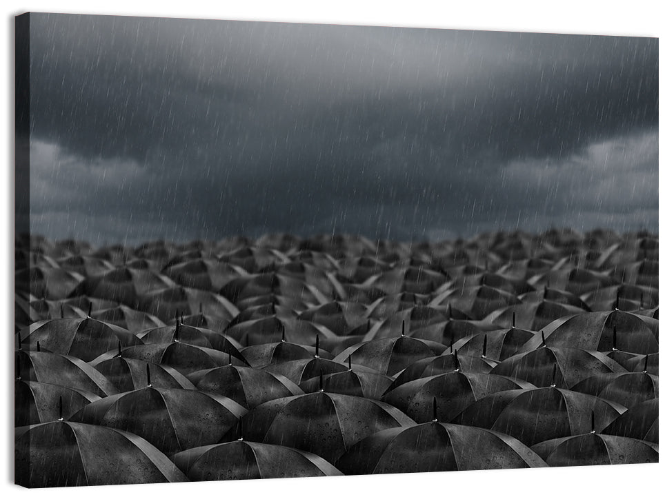 Clustered Umbrellas in Rain Wall Art, canvas print, landscape