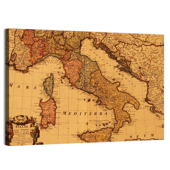 Antique Map of Italy with Ornate Cartouche Wall Art as a canvas print