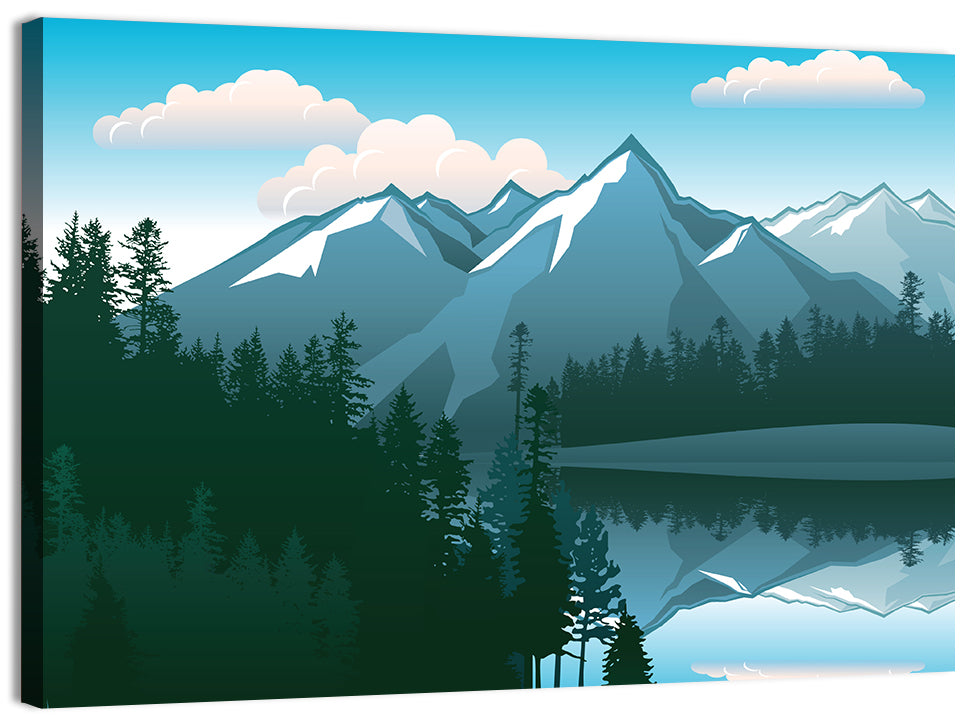 Tranquil Mountain Lake Illustration Wall Art, canvas print, landscape