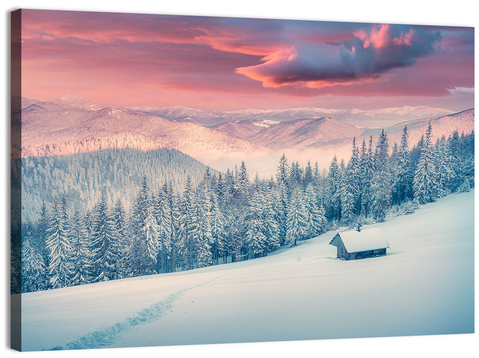 Cabin at Winter Sunrise Wall Art, canvas print, landscape