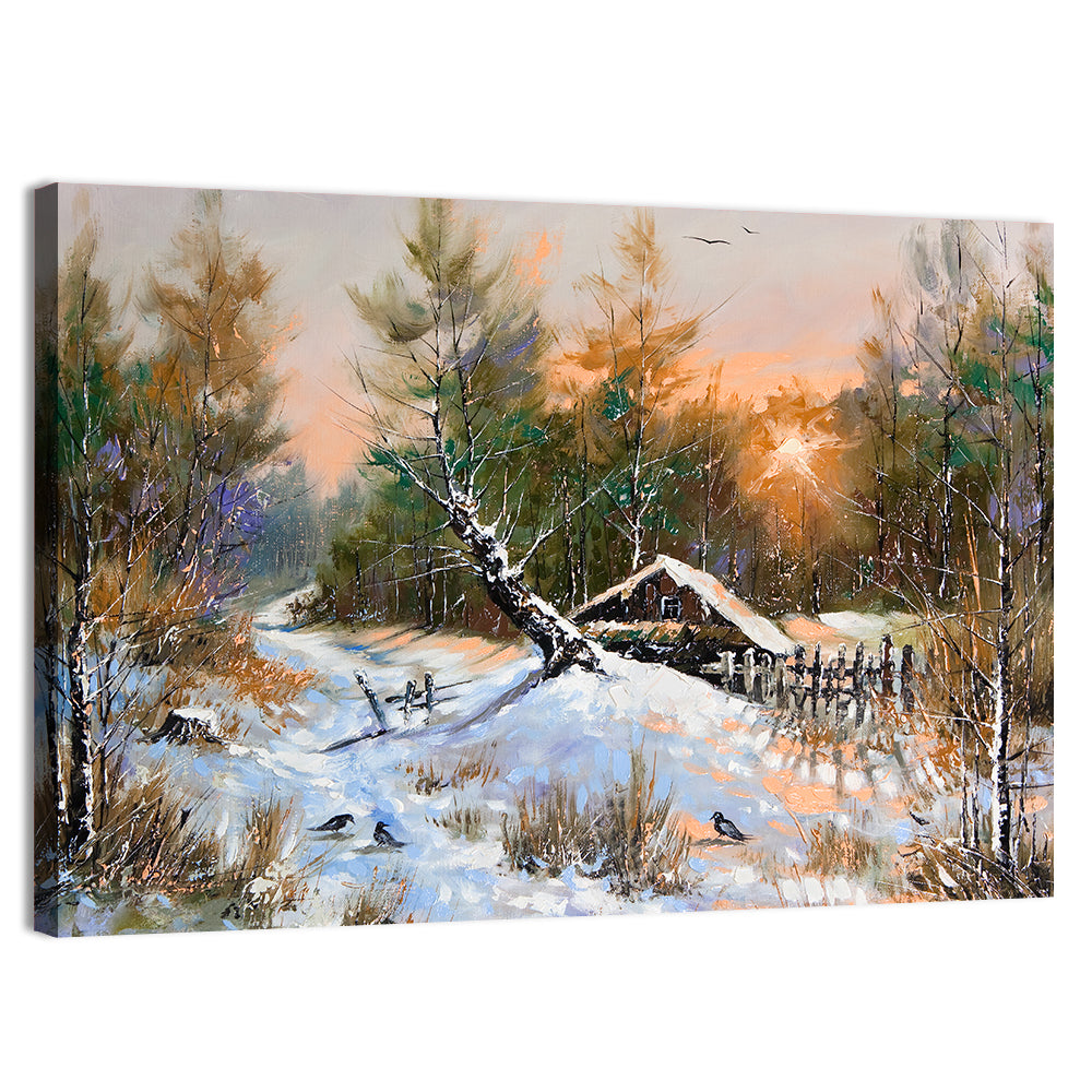 Winter Forest Path with Cabin Wall Art, canvas print, landscape
